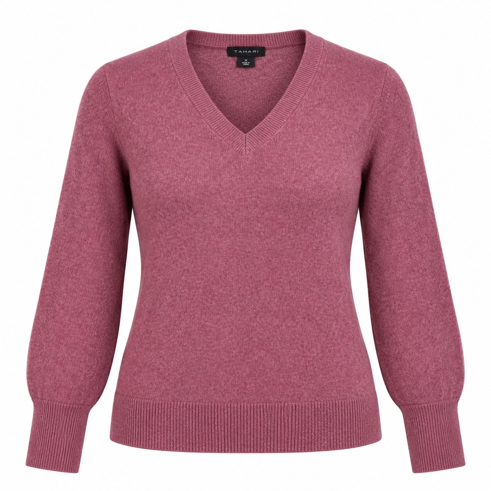 Tahari Womens V-Neck Sweater L 100% Cashmere Pink Knit High Low Soft Luxe